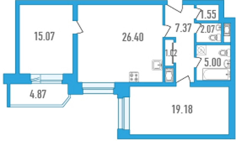 Двухкомнатная квартира (Евро) 80.09 м²