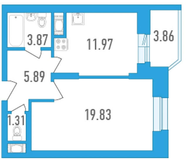 Однокомнатная квартира 44.8 м²