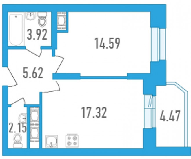 Однокомнатная квартира 45.83 м²